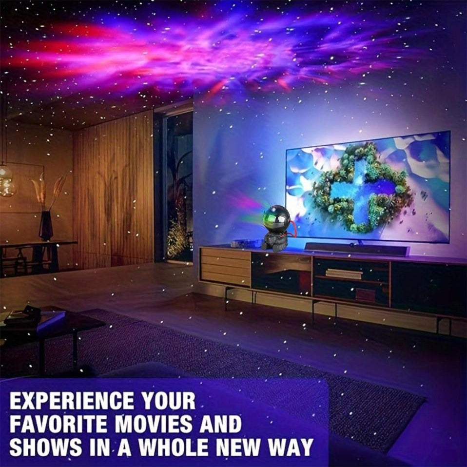 A living room with a TV and AURBITAL projecting a nebula on the ceiling