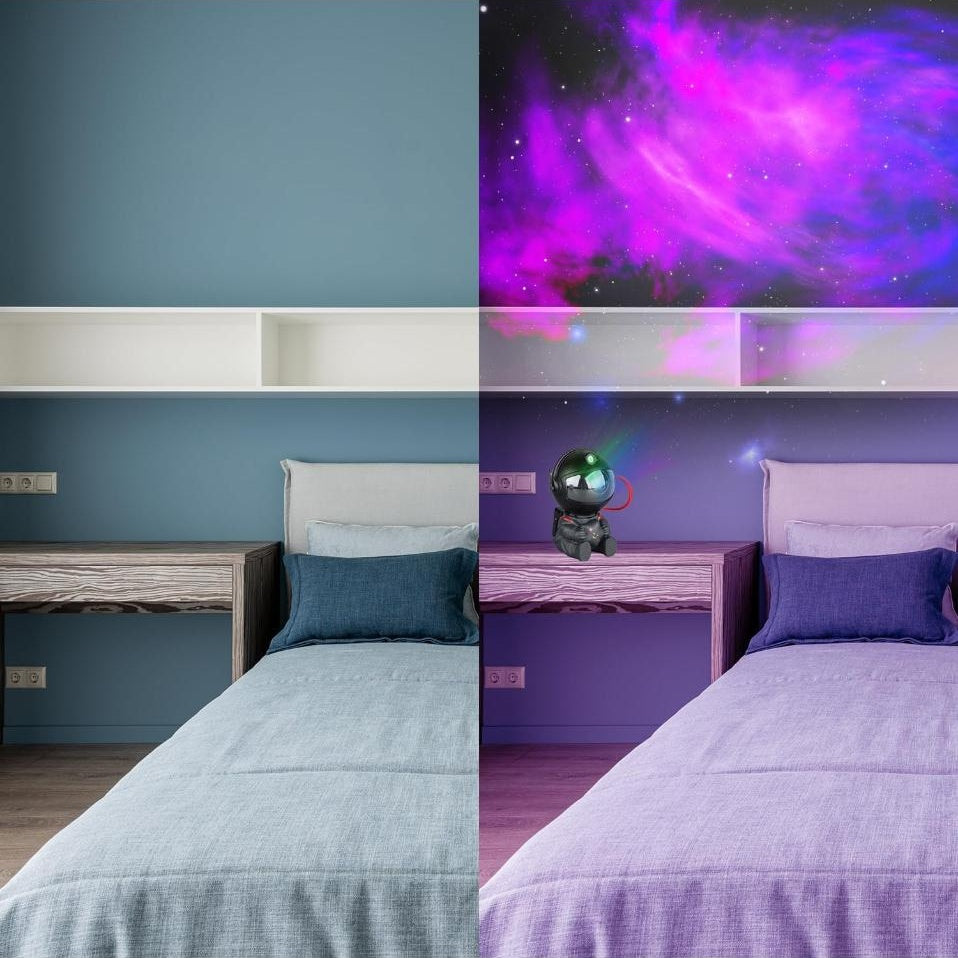 A bedroom before and after AURBITAL is turned on: lights on on the left, nebula on the ceiling on the right